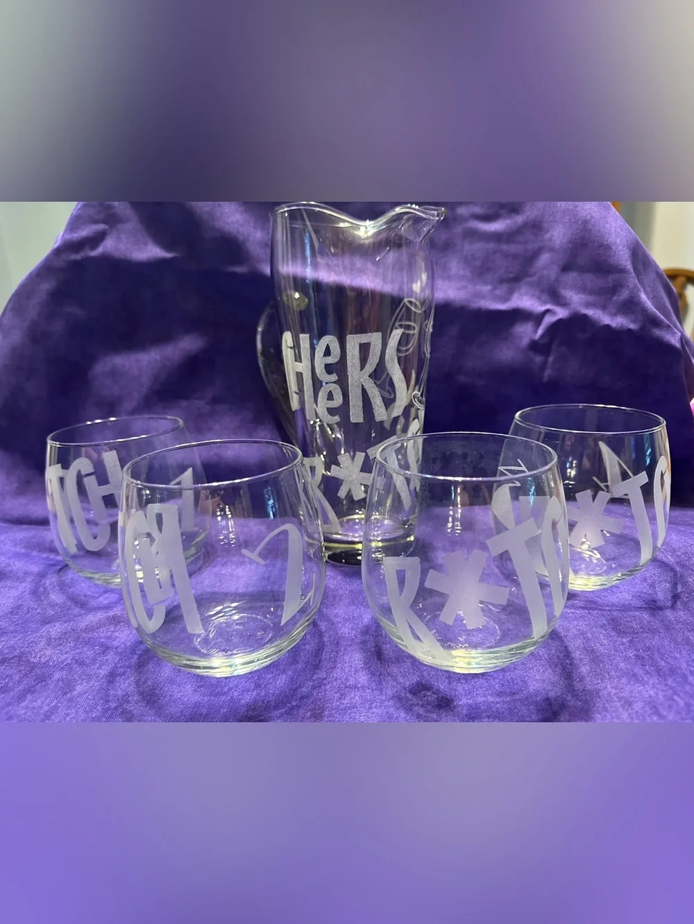 Etched Glass Wine Pitcher with Cheers Design